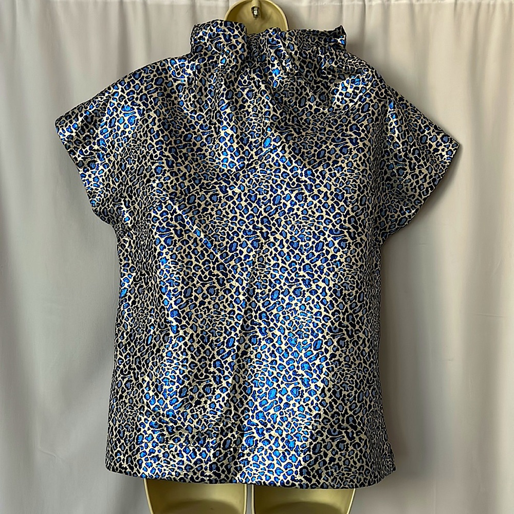 Sara Campbell NWT Blue Metallic Animal Print Jacquard Paperbag Shirt Top *Sz M* - Picture 2 of 4